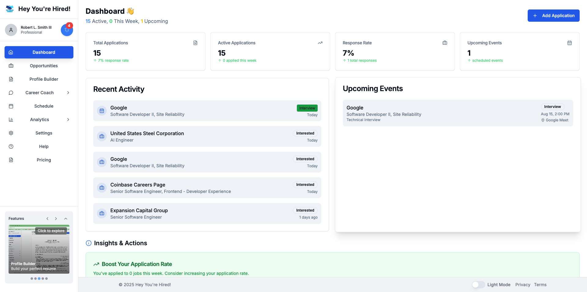 Application tracking dashboard